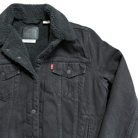 Levi's Premium Women's Black Denim Trucker Jacket Sherpa Lined Collar - Picture 1 of 8